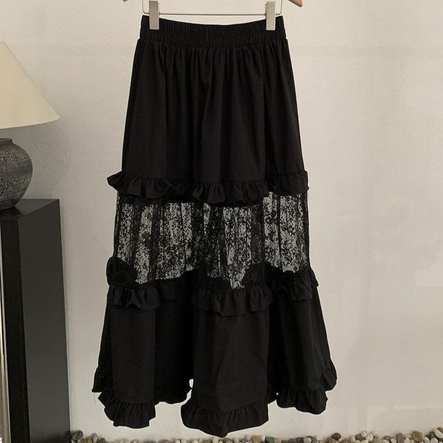 Lace Panel Ruffle Maxi A-Line Skirt - Elastic Waist