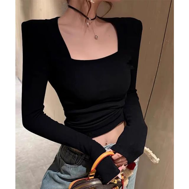 Square Neck Long Sleeve Padded Shoulder Top