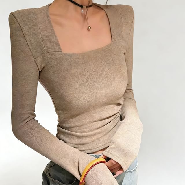 Square Neck Long Sleeve Padded Shoulder Top
