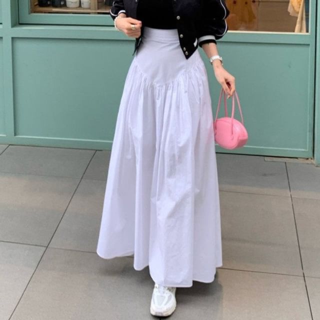 Ruched Maxi A-Line Skirt - High-Waisted Plain