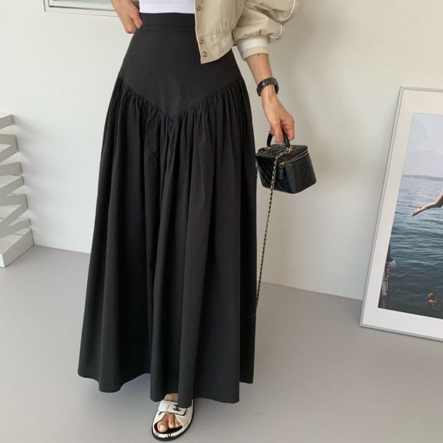 Ruched Maxi A-Line Skirt - High-Waisted Plain