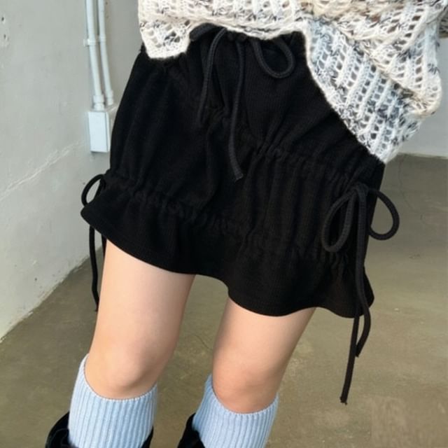Ruched Mini A-Line Skirt - Drawstring Waist Plain