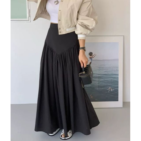 Ruched Maxi A-Line Skirt - High-Waisted Plain