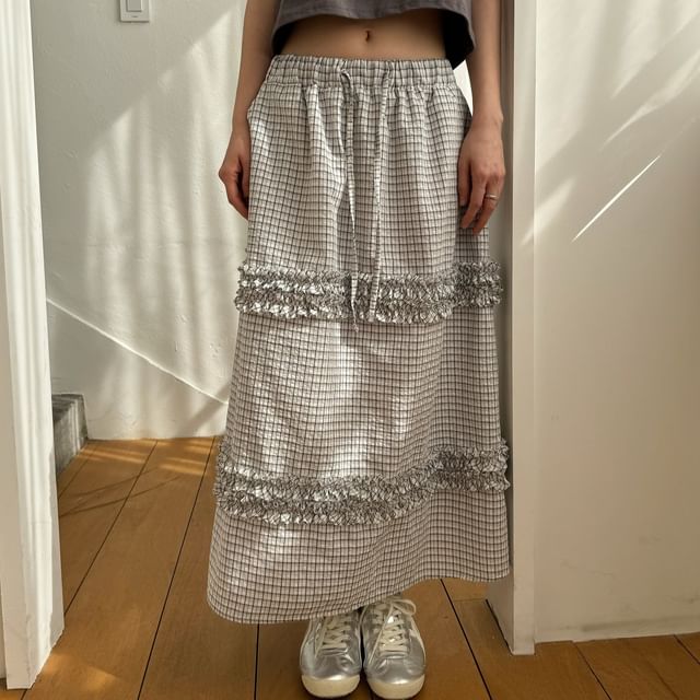 Plaid Frill Trim Drawstring Midi A-Line Skirt