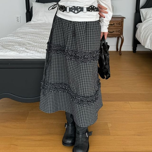 Plaid Frill Trim Drawstring Midi A-Line Skirt