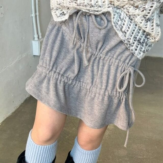 Ruched Mini A-Line Skirt - Drawstring Waist Plain