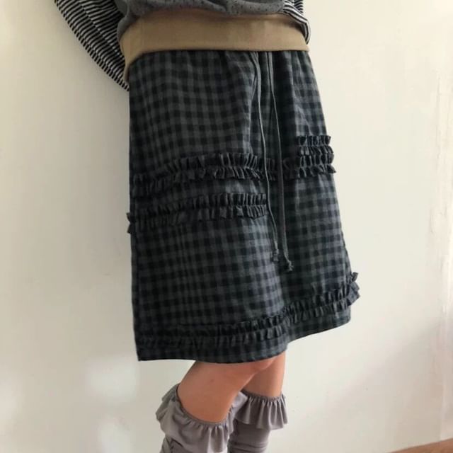Gingham Frill Trim A-Line Skirt - Drawstring Waist
