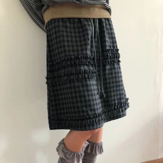 Gingham Frill Trim A-Line Skirt - Drawstring Waist