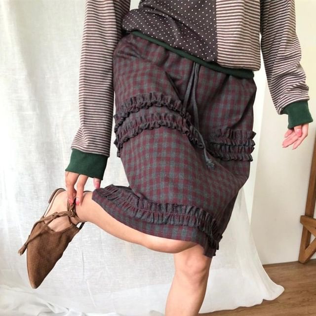 Gingham Frill Trim A-Line Skirt - Drawstring Waist