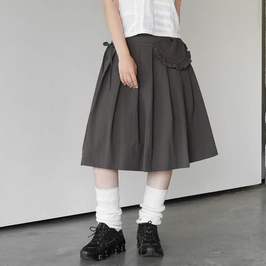 Set: High-Waisted Pleated Midi A-Line Skirt with Pouch