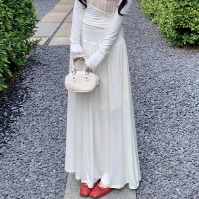 Off-Shoulder Long-Sleeve Top with High-Waisted Maxi A-Line Skirt