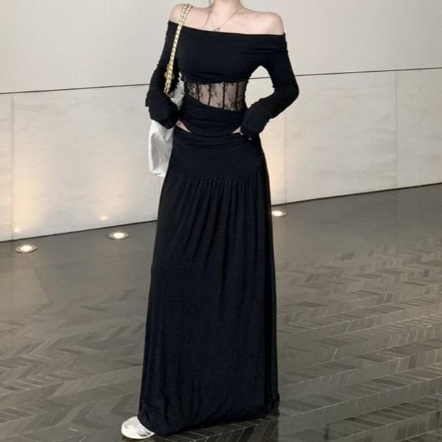 Off-Shoulder Long-Sleeve Top with High-Waisted Maxi A-Line Skirt