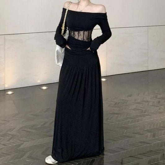 Off-Shoulder Long-Sleeve Top with High-Waisted Maxi A-Line Skirt