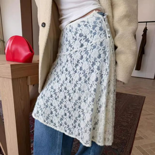 Mid-Rise Plain Lace Overlay Skirt