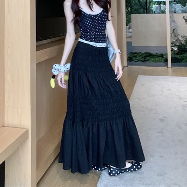 Smocked High-Waisted Maxi A-Line Skirt in Plain