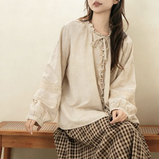 Crew Neck Lace Frill Button-Down Blouse