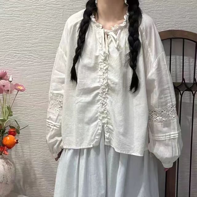 Crew Neck Lace Frill Button-Down Blouse