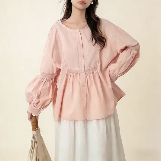 Crew Neck Lace Panel Button-Up Blouse