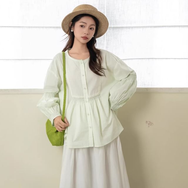 Crew Neck Lace Panel Button-Up Blouse