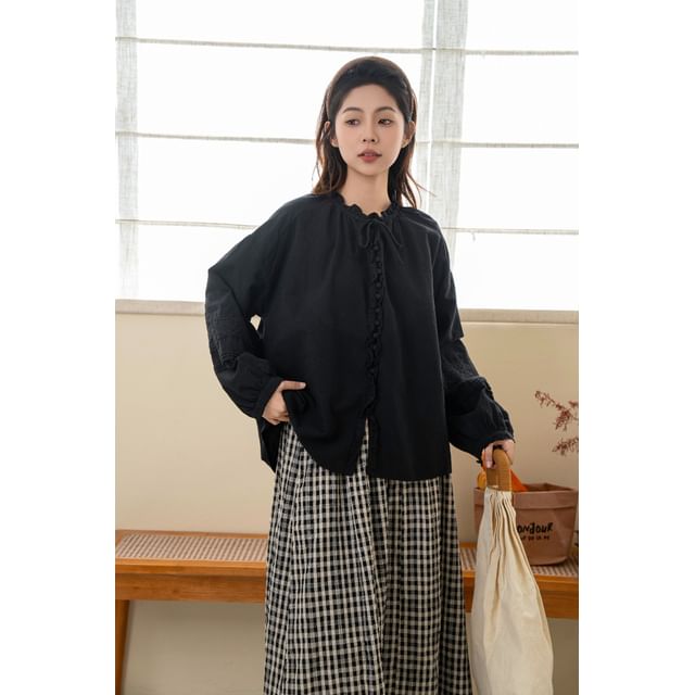 Crew Neck Lace Frill Button-Down Blouse