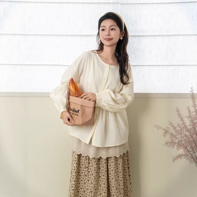 Crew Neck Lace Panel Button-Up Blouse