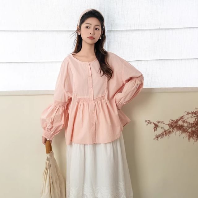 Crew Neck Lace Panel Button-Up Blouse