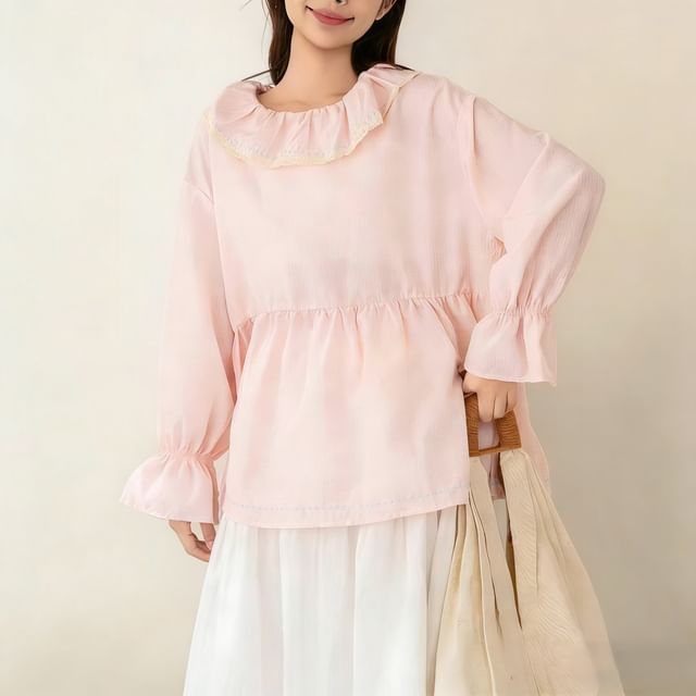 Long-Sleeve Ruffle Collar Gingham Lace Blouse
