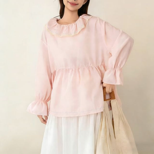 Long-Sleeve Ruffle Collar Gingham Lace Blouse