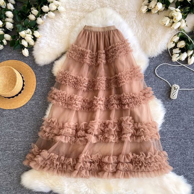 Ruffle Trim Maxi A-Line Skirt - Elastic Waist Plain