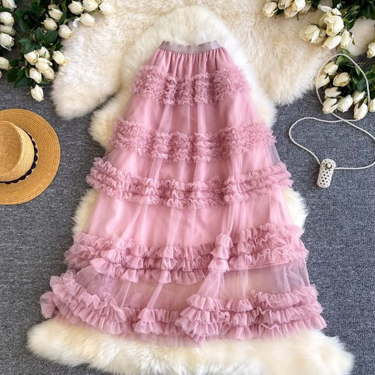 Ruffle Trim Maxi A-Line Skirt - Elastic Waist Plain