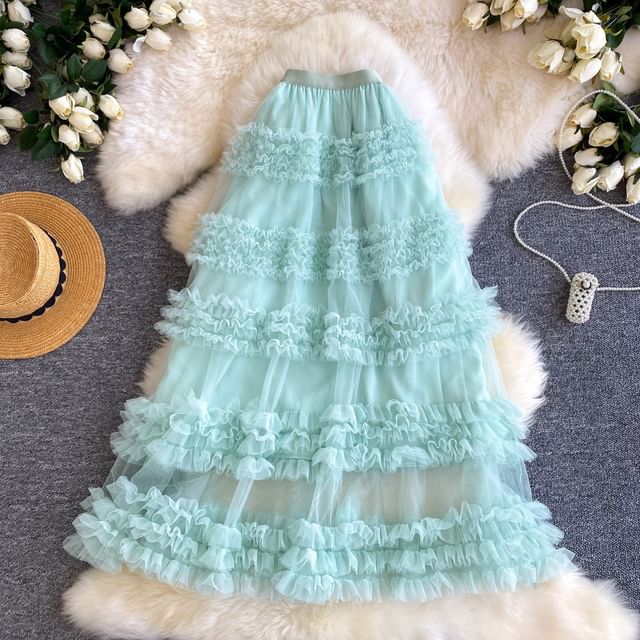 Ruffle Trim Maxi A-Line Skirt - Elastic Waist Plain