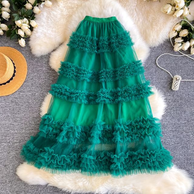 Ruffle Trim Maxi A-Line Skirt - Elastic Waist Plain