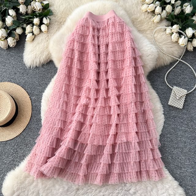 Dotted Maxi Tiered Skirt - Elastic Waist