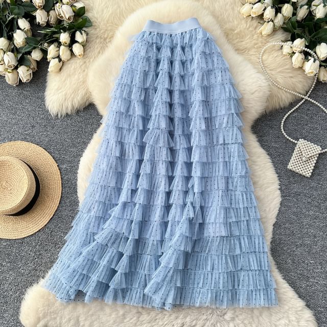 Dotted Maxi Tiered Skirt - Elastic Waist