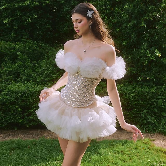 Off-Shoulder Sequined Ruffle Top with Mini Tiered A-Line Skirt