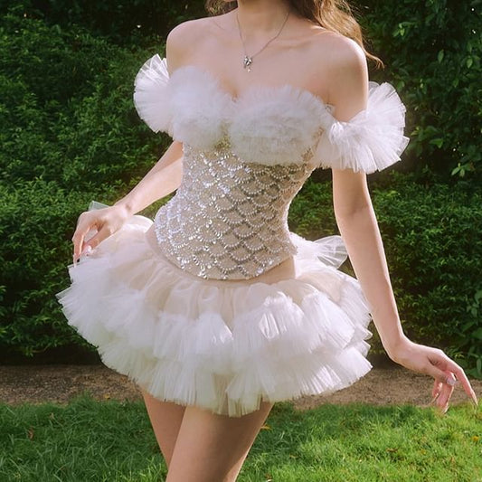 Off-Shoulder Sequined Ruffle Top with Mini Tiered A-Line Skirt