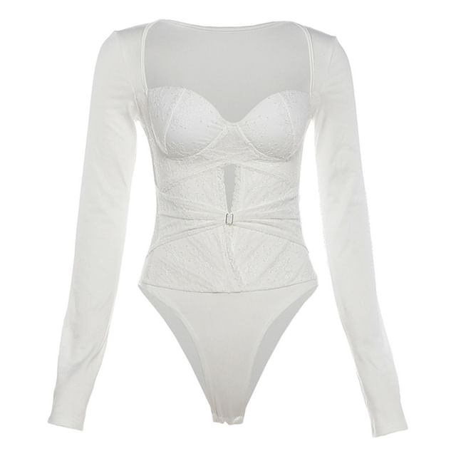 Sweetheart Neck Lace Bodysuit with Mid Rise Mini Pencil Skirt