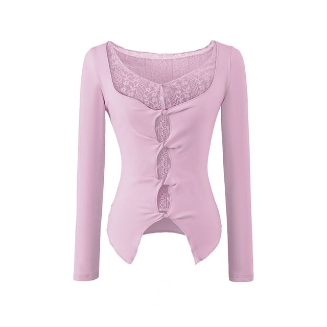 Twisted Slit Crop Tee with Lace Panel and V-Neck