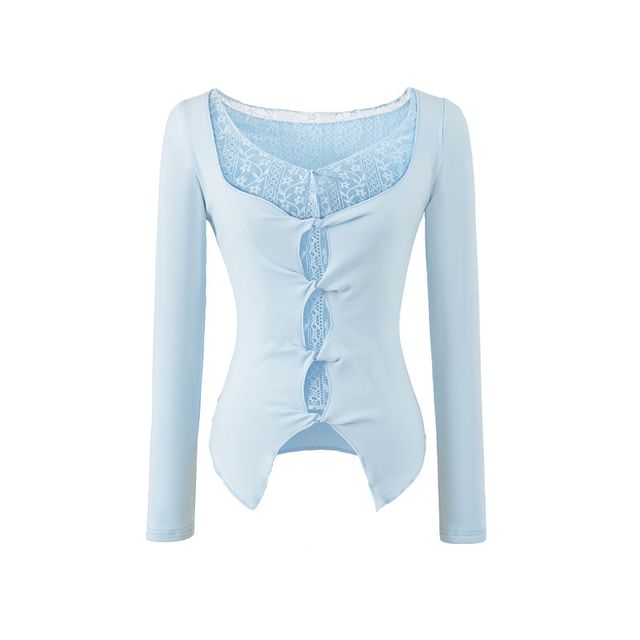 Twisted Slit Crop Tee with Lace Panel and V-Neck