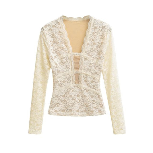 Slim Fit V-Neck Lace Long Sleeve Top