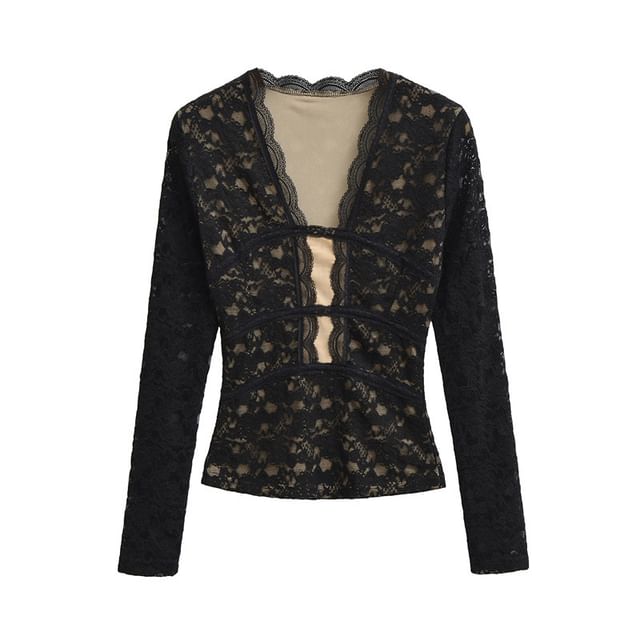 Slim Fit V-Neck Lace Long Sleeve Top