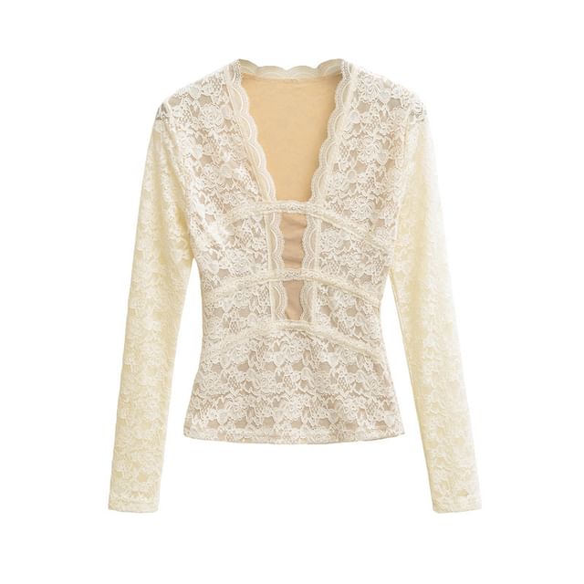 Slim Fit V-Neck Lace Long Sleeve Top