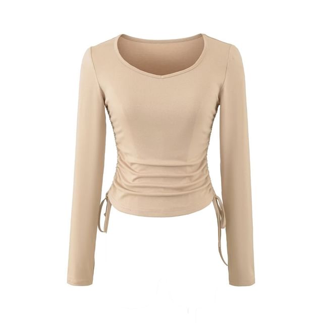 Ruched V-Neck Long-Sleeve Tee with Drawstring Hem