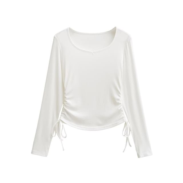 Ruched V-Neck Long-Sleeve Tee with Drawstring Hem