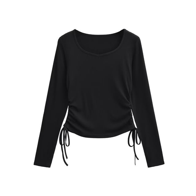 Ruched V-Neck Long-Sleeve Tee with Drawstring Hem