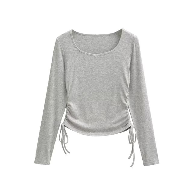 Ruched V-Neck Long-Sleeve Tee with Drawstring Hem