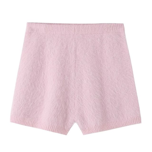 Fluffy Halter Crop Knit with High-Waist Shorts Set