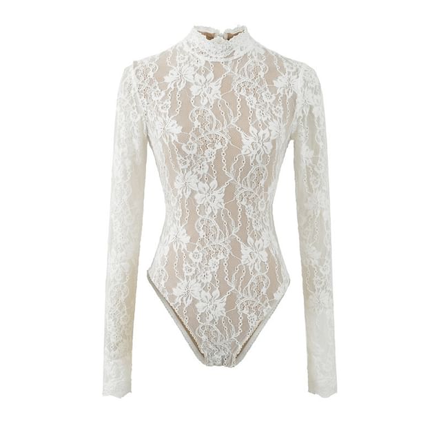 Lace Bodysuit Top with Mock Neck and Long Sleeves