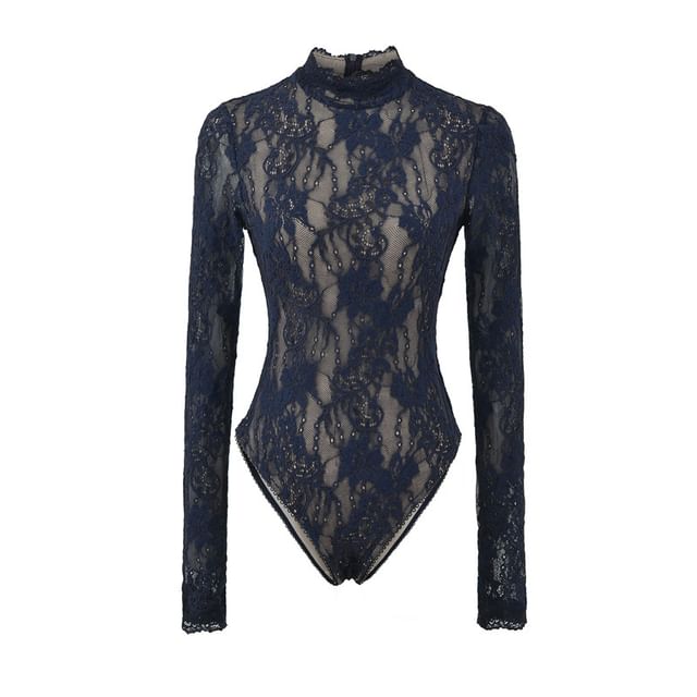 Lace Bodysuit Top with Mock Neck and Long Sleeves