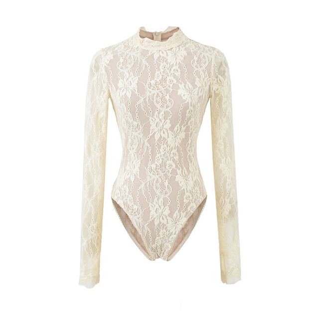 Lace Bodysuit Top with Mock Neck and Long Sleeves
